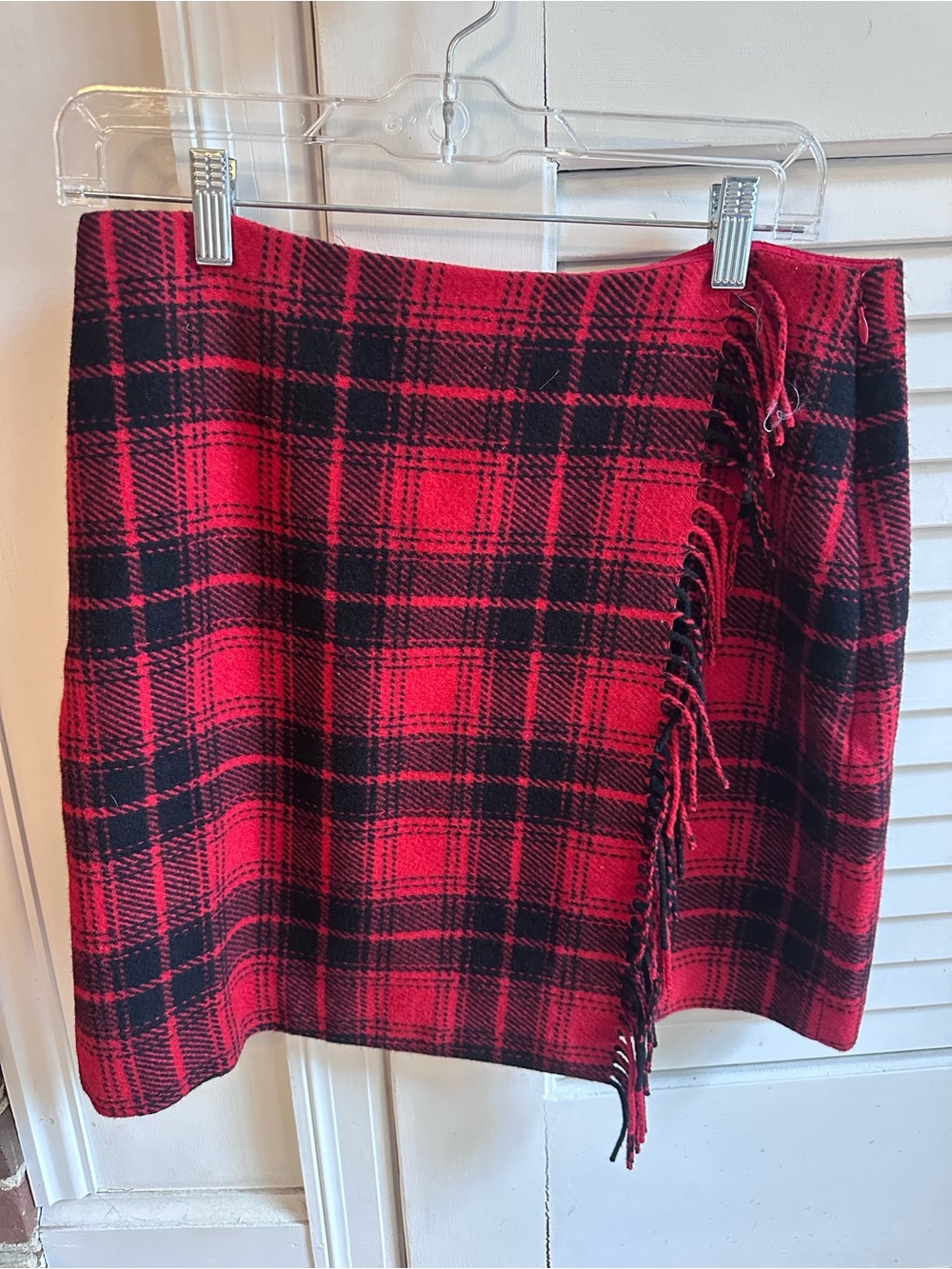 LOFT Wool Red and Black Plaid Mini Skirt with Side Fringe